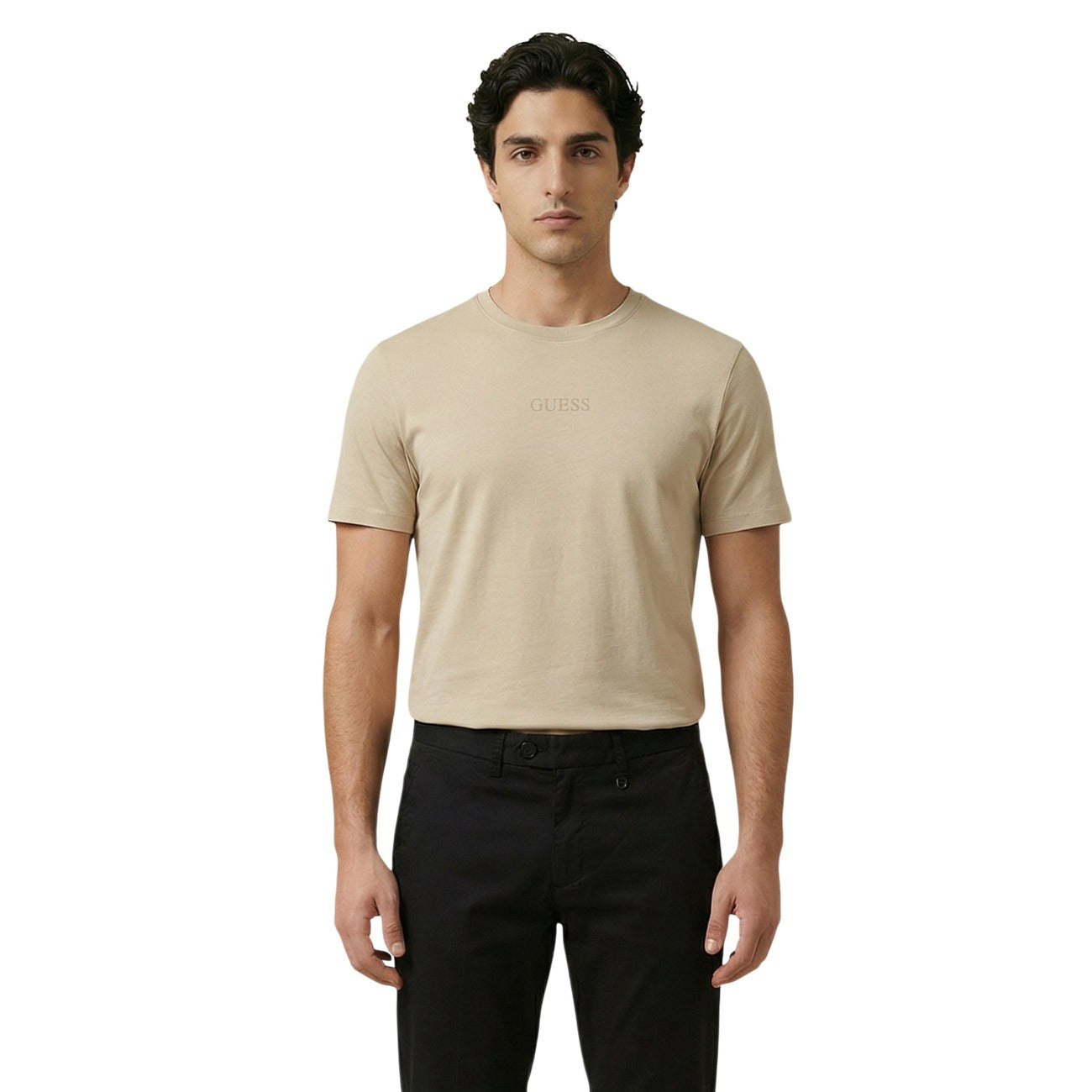 T-shirt uomo Guess modello SS BSC QUATTRO G MIST TEE beige in cotone 100% a maniche corte con stampa logo
