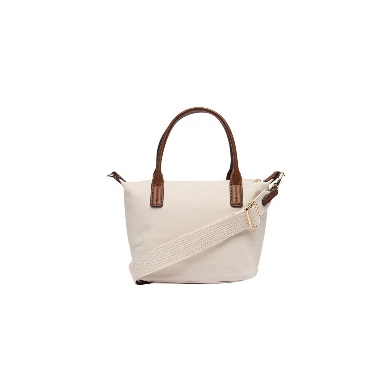 Borsa Tommy Hilfiger Nylon Monogram Tote; Chiusura con zip, tracolla rimovibile, placchetta TH dorata. Materiale leggero e resistente, capienza 7 l. Design iconico e funzionale. Colore bianco vista Posteriore con tracolla 