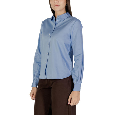 Jacqueline De Yong Camicia Donna Blu con Bottoni Maniche Lunghe Scollo Tondo Colletto Classico - Camicia Cotone