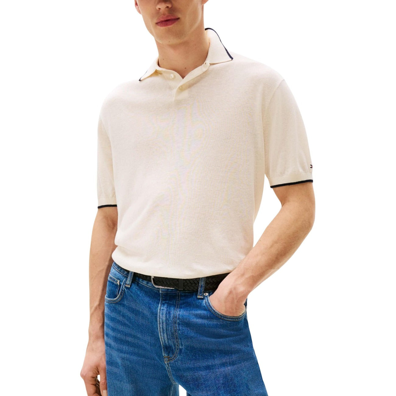 Tommy Hilfiger Polo Uomo Bianco Maniche Corte Scollo Tondo Colletto Classico Lino 28% Lyocell 72% Autunno Inverno MW0MW40539