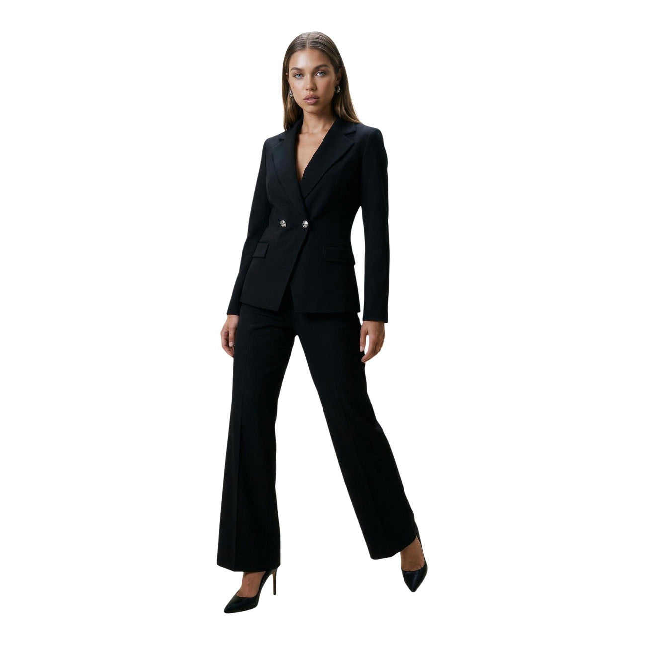 Pantalone I AM Gamba Dritta; 88% Poliestere, 12% Elastan. Colore Nero, piega stirata, chiusura zip/gancio. Pantaloni donna eleganti e antipiega, Made in Italy. Vista completo 