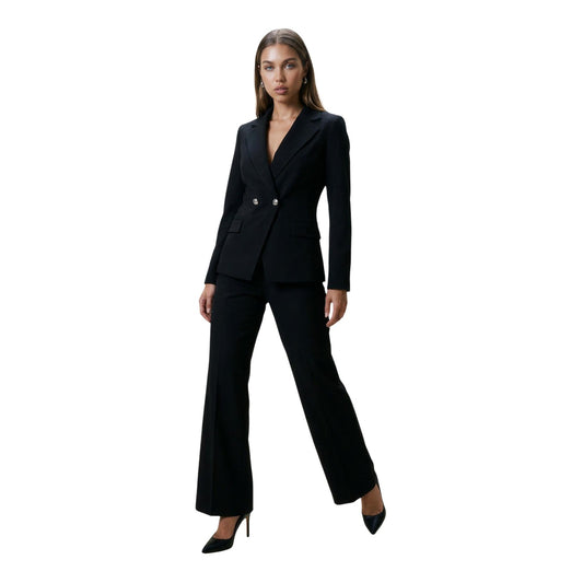 Pantalone I AM Gamba Dritta; 88% Poliestere, 12% Elastan. Colore Nero, piega stirata, chiusura zip/gancio. Pantaloni donna eleganti e antipiega, Made in Italy. Vista completo 