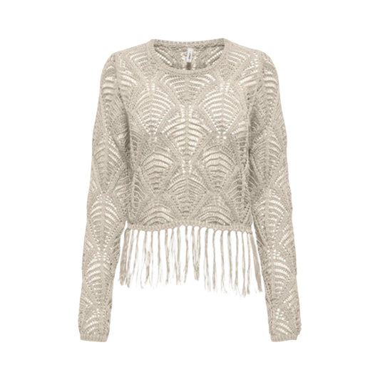 Maglione Only Onlleonie; 100% acrilico, trama traforata, girocollo, dettaglio frange sul fondo. Il must-have boho-chic per la tua mezza stagione. Colore beige vista frontale 