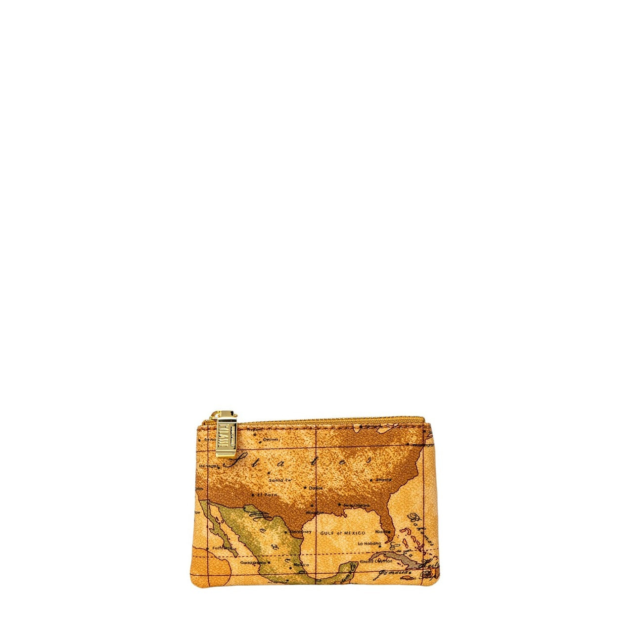 Pochette Alviero Martini Prima Classe donna Geo Classic C M001 6000. Bustina portatutto e mini beauty case da borsa in pelle beige con stampa geografica e cerniera con zip, accessorio travel elegante e compatto 4 stagioni.