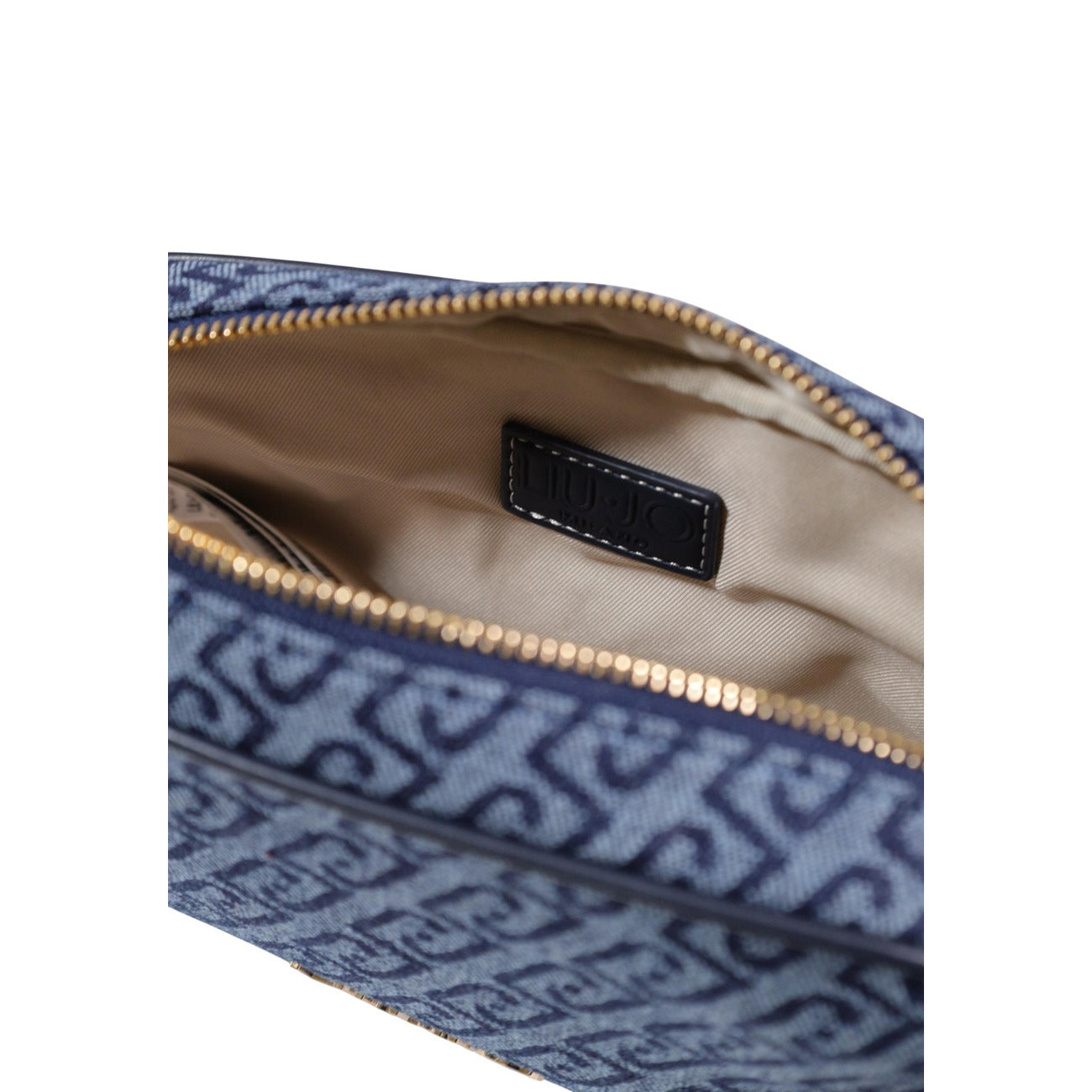 Borsa Liu Jo Camera Case Blu; 80% Cotone, 20% Poliestere. Pattern monogramma, logo metallico frontale, chiusura a cerniera. Tracolla regolabile, stile casual-elegante 4 stagioni. Vista interna 
