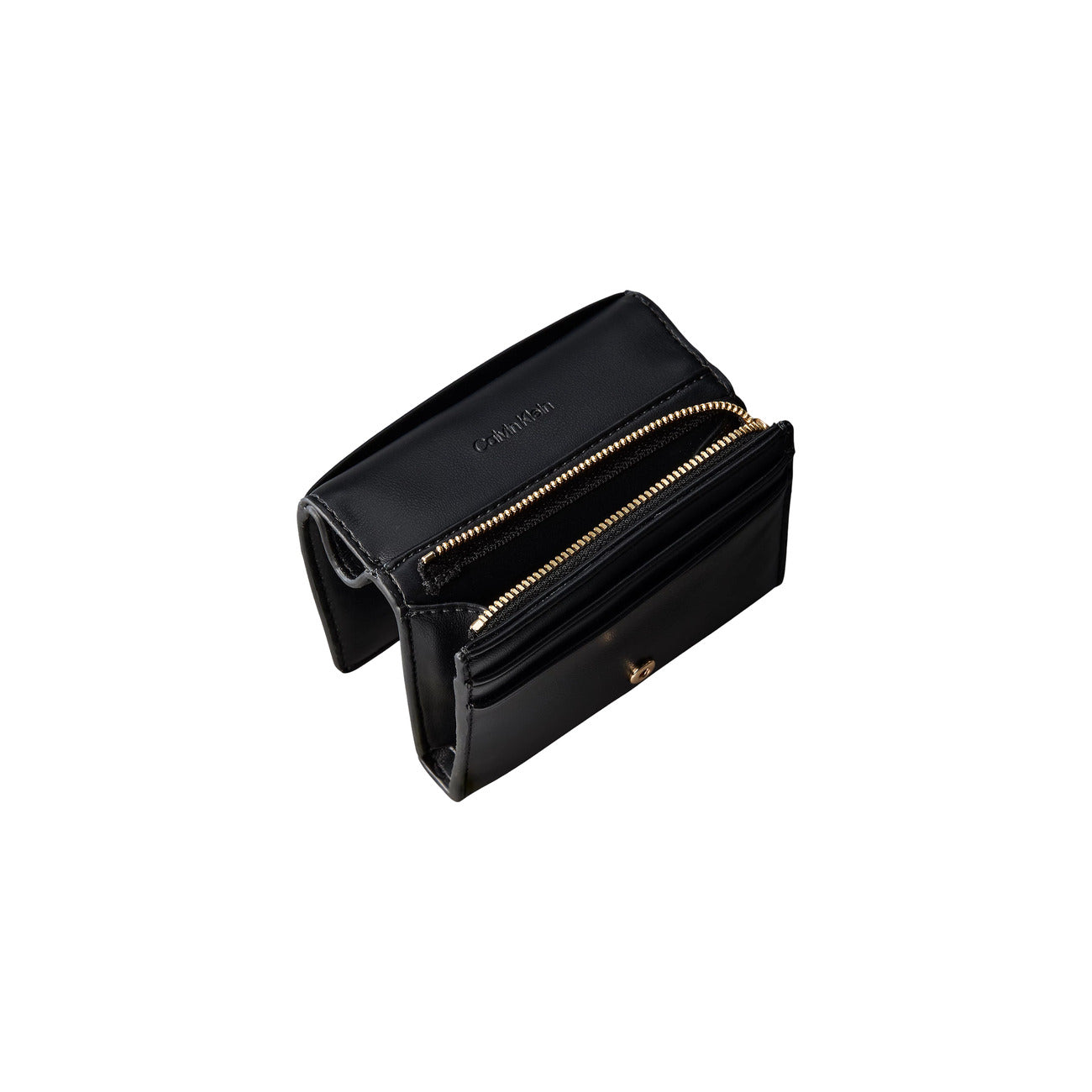 Portafoglio Medio Calvin Klein Bifold; Nero. 100% Ecopelle liscia, 5 slot carte, taschino monete con zip e protezione RFID. Chiusura sicura, stile minimalista e compatto (11,5 cm). Vista dall’alto aperta 
