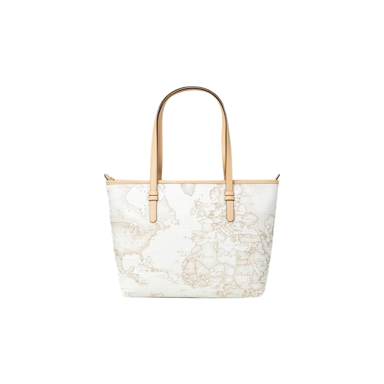 Borsa Shopper Grande Donna Alviero Martini Prima Classe; Bianco Geo White. 100% Pregiata pelle stampata, chiusura con zip e doppi manici a spalla. Struttura rigida e capiente (36x23,5 cm), stile Heritage di lusso. Vista frontale 