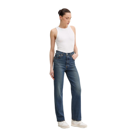 Jeans Levi's donna blu slim modello 72693-0281. Pantaloni in denim blu scuro a vita alta, vestibilità aderente modellante in tessuto elasticizzato misto cotone e lyocell, con cuciture classiche e patch con logo Levi's sul retro della cintura.
