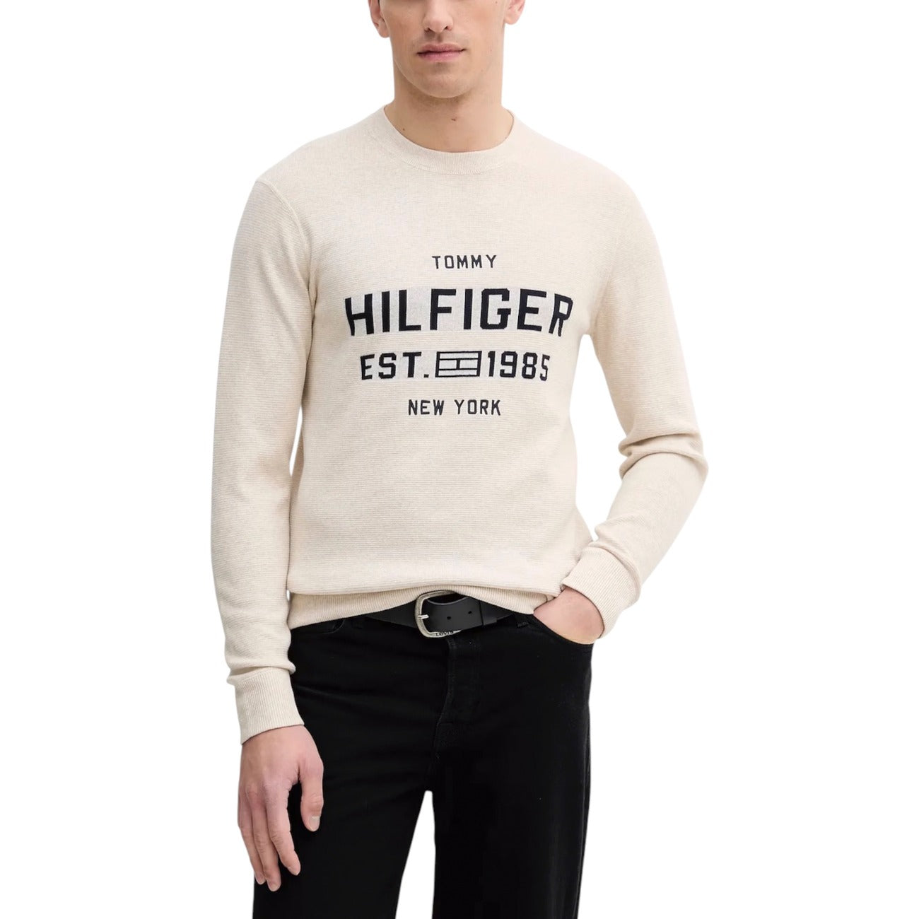 Tommy Hilfiger Maglia Uomo Beige con Stampa - Maglietta Manica Lunga Girocollo Cotone Organico