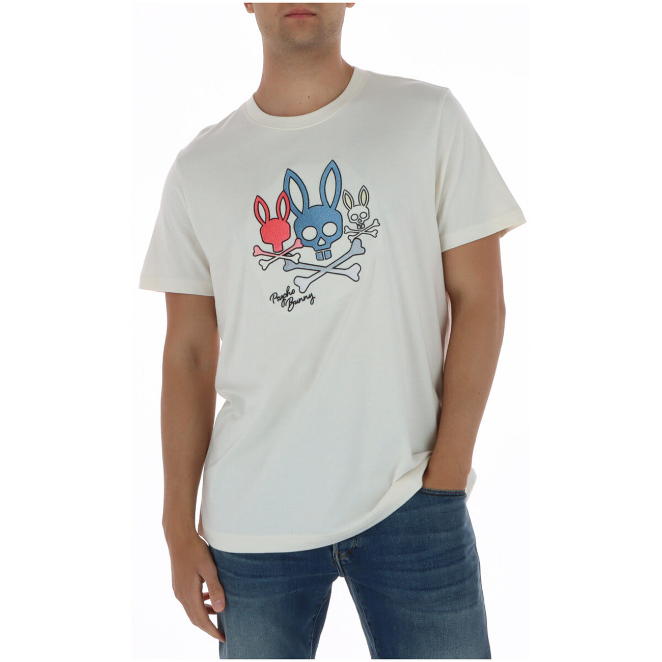T-shirt Psycho Bunny Oscar Graphic; Bianco, 100% Cotone Pima. Fantasia coniglietti multipli, dettagli ricamati, vestibilità classica. Tessuto morbido, traspirante e di alta gamma. Lavabile a 30°. Vista frontale 