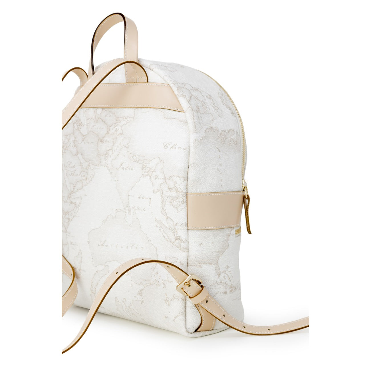 Zaino Medio Donna Alviero Martini Prima Classe; Bianco Geo White. 40% Pregiata pelle stampata con dettagli in metallo oro lucido. Chiusura con zip, tasca frontale e spallacci regolabili. Misure slanciate e capienti (25x29 cm), stile Heritage contemporaneo. Posteriore 