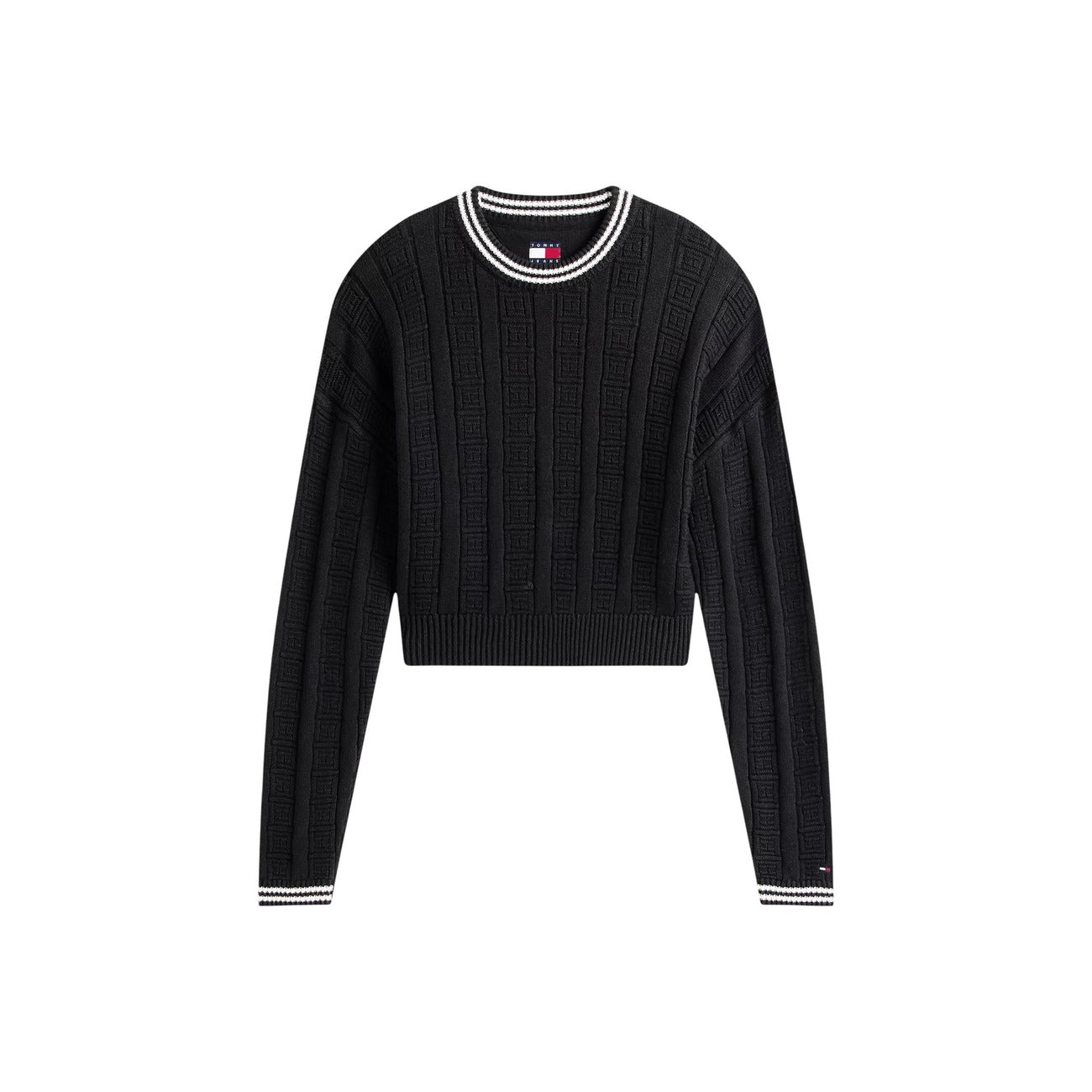 Pullover cotone Tommy Jeans; motivo bandierine all-over, relaxed fit, spalle scese. 100% cotone, bordi a coste con righe a contrasto, stile iconico Colore nero 