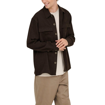 Only & Sons Camicia Uomo Marrone Bottoni Manica Lunga Scollo Tondo Colletto Classico Tasche Acrilico Poliestere Autunno Inverno 22034929