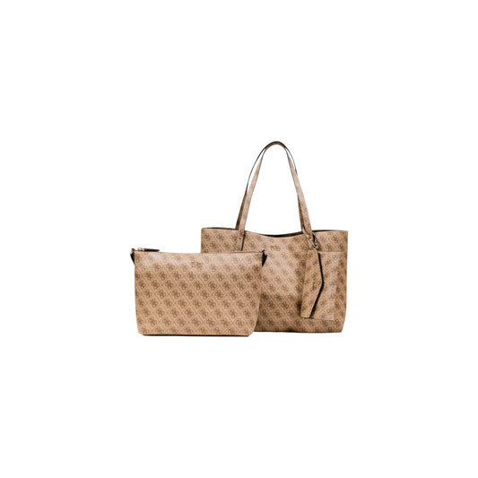 Borsa Tote Donna Beige Guess Brenton; Borsa grande a spalla in ecopelle logata con chiusura zip. Ampi manici, pochette interna estraibile e motivo monogram all-over. 2 in 1 
