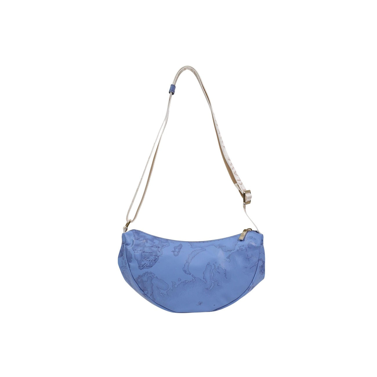 Borsa Alviero Martini Blu; Stampa Geo bicolore. Tracolla regolabile con logo, chiusura con cerniera, materiali resistenti. Dimensioni mini 17x6x6 cm. Accessorio versatile e contemporaneo per ogni stagione. Vista posteriore 
