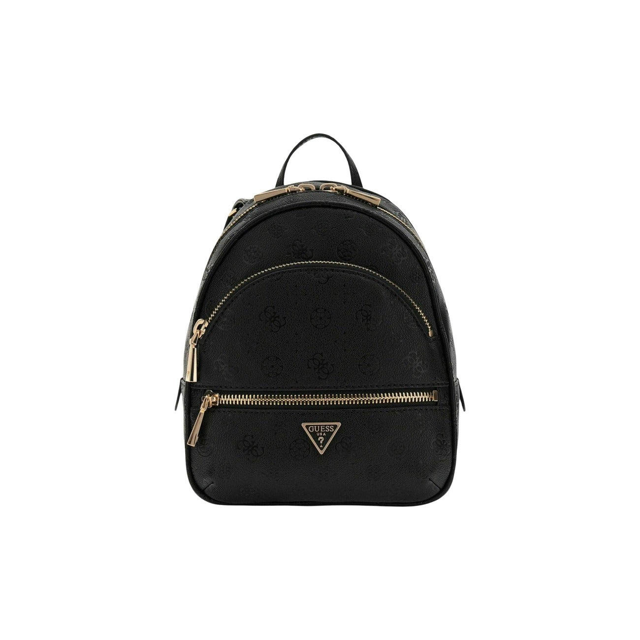 Guess Manhattan II Backpack; zaino nero con dettagli dorati, doppia zip e scomparti interni, stile contemporaneo e dimensioni medie perfette per contenere tutti gli essenziali quotidiani. Vista frontale 