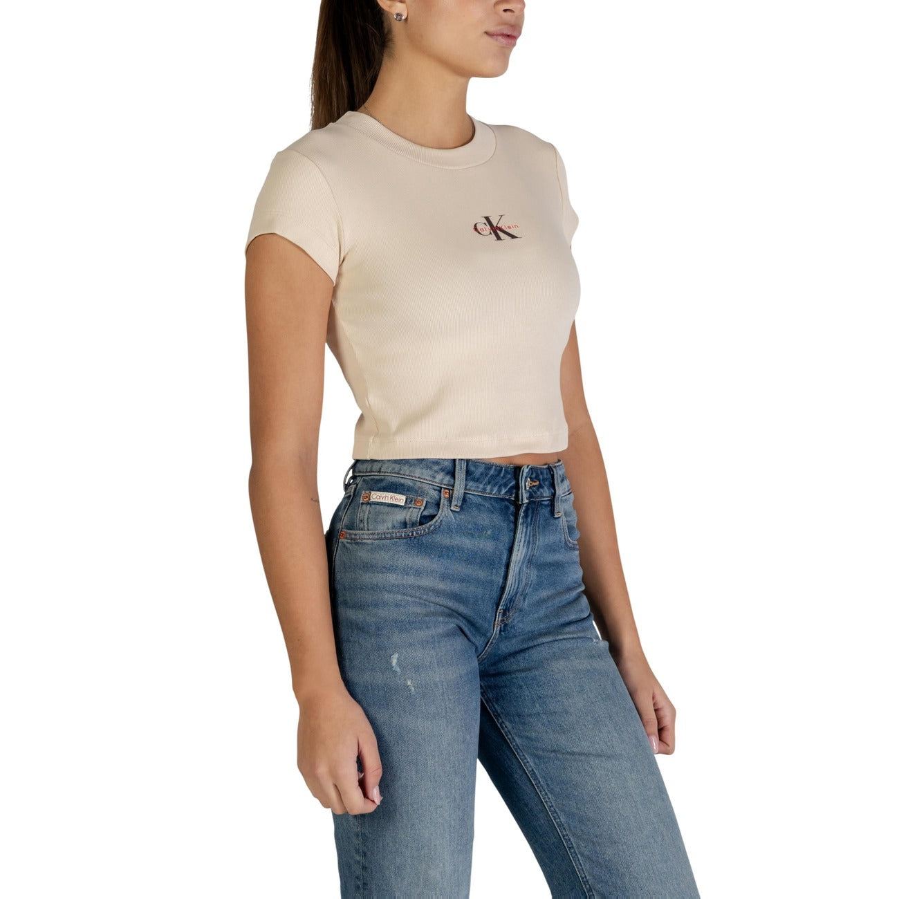 Calvin Klein Jeans T-Shirt basic MONOGRAM BABY TEE Donna Maniche Corte Colore beige. Vista frontale laterale 