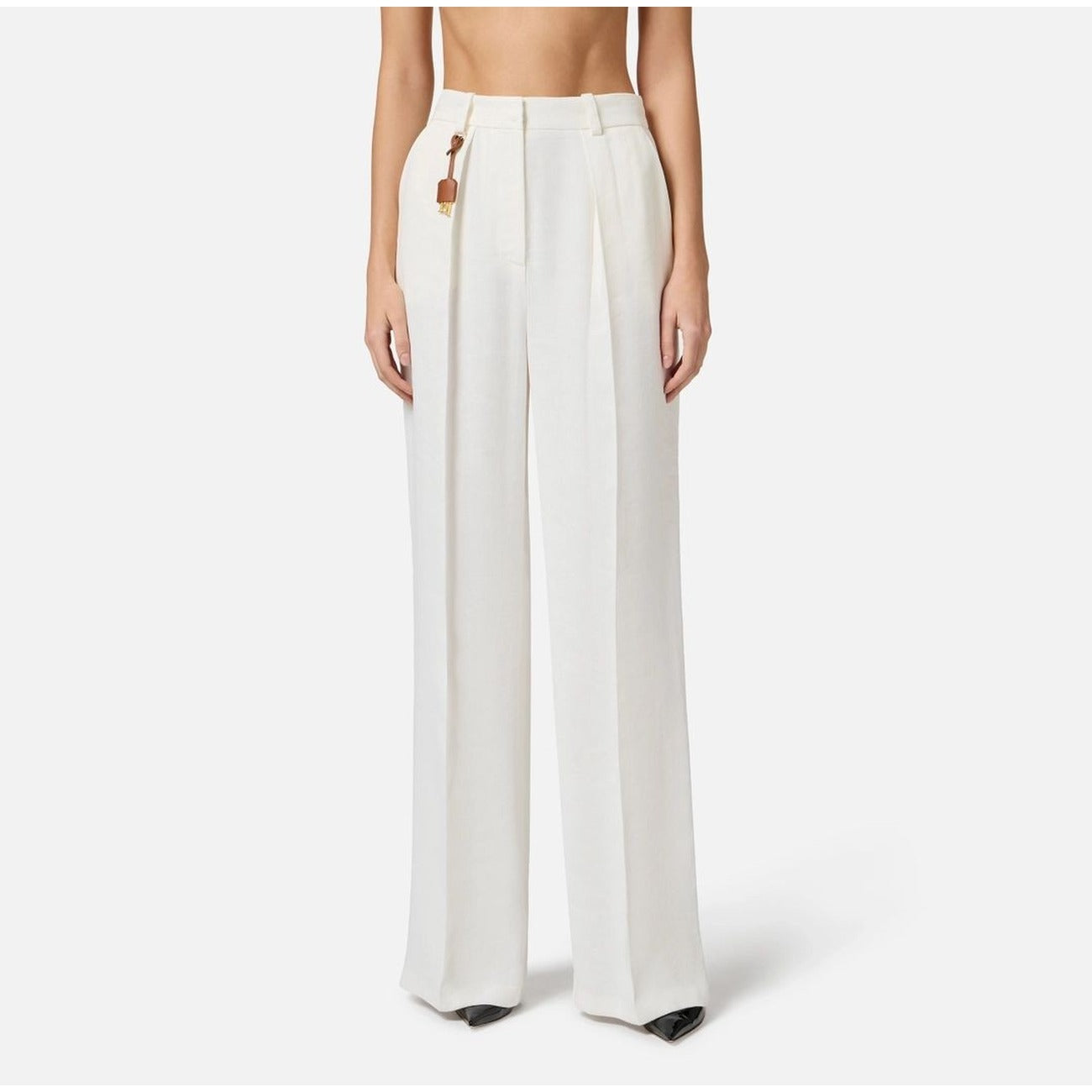 Elisabetta Franchi Pantaloni Donna Bianco Zip Bottone Gancio Tasche Anteriori Lino Viscosa Primavera Estate V_32377