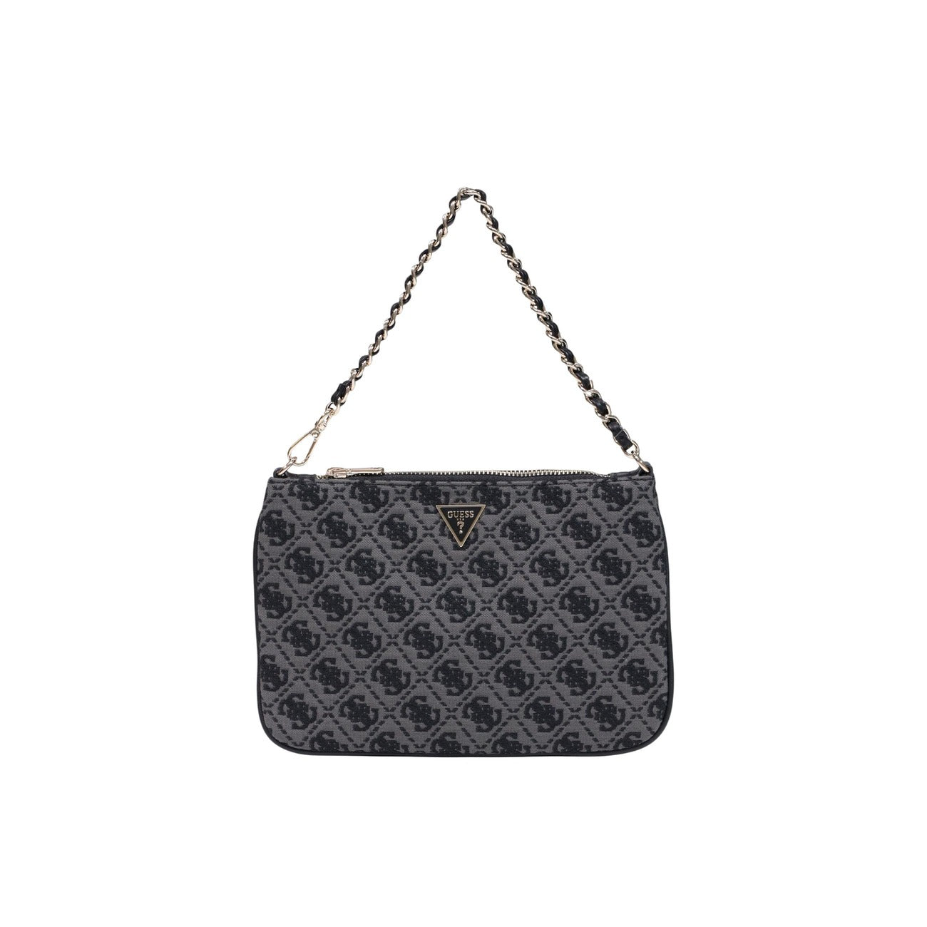 Pochette Guess grigia logo Flat Pouch PW7561 P6274. Borsa a mano e a spalla piccola grigia con motivo logo Guess all-over, placchetta a triangolo e tracolla a catena, borsa da sera e casual chic 4 stagioni.