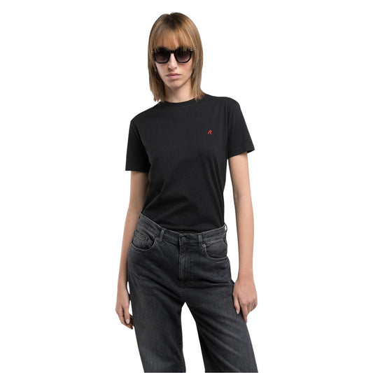 Replay W3566B.000.2660, t-shirt nera regular da donna in cotone; maglia a maniche corte con ricamo iconico, stile essenziale e versatile per ogni stagione. Vista frontale 