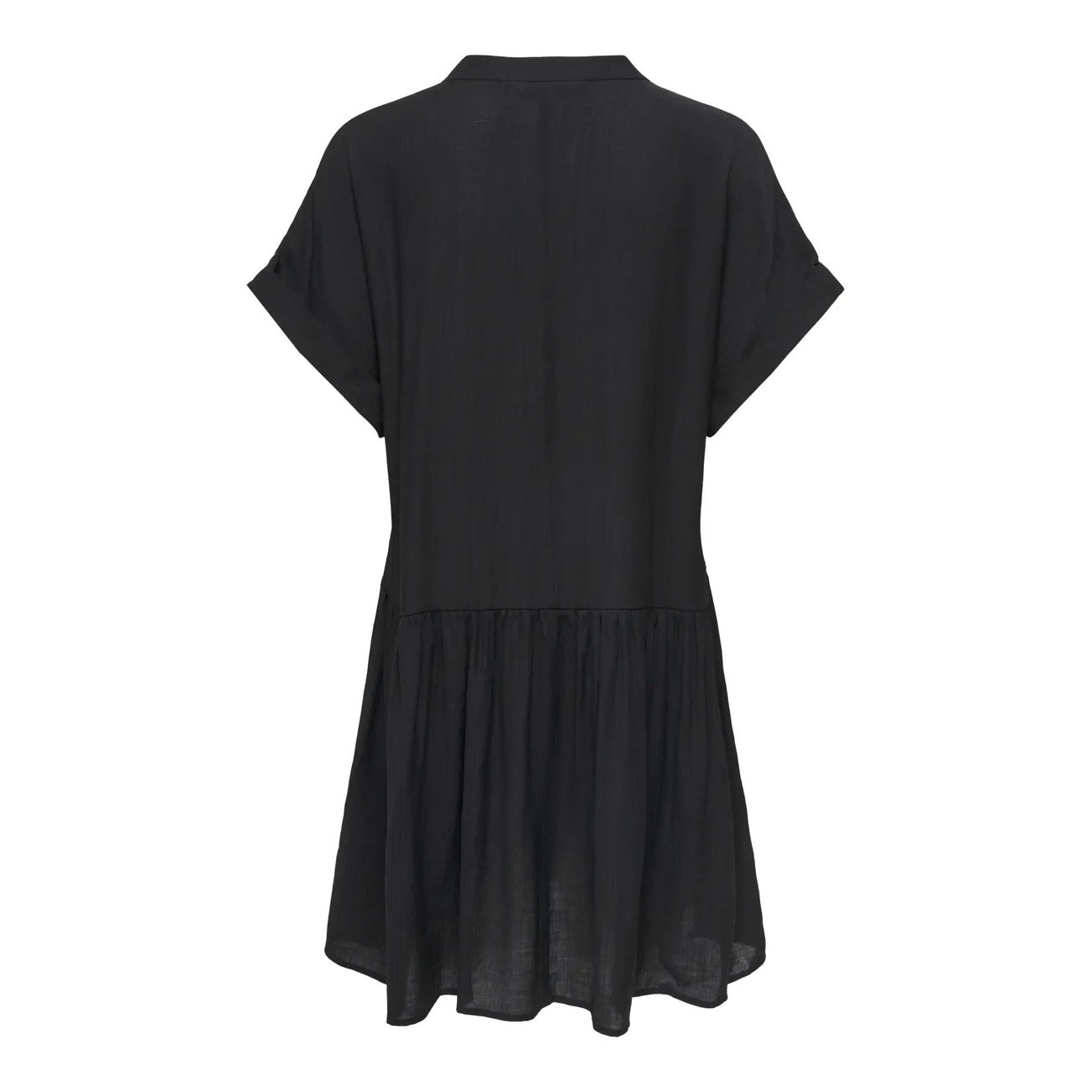 Abito Corto Donna Nero Only; Vestito stile chemisier a maniche corte con polsini risvoltati, scollo a V e chiusura con bottoni. Taglio regolare segnato in vita, stile casual-chic leggero. Posteriore stesa 