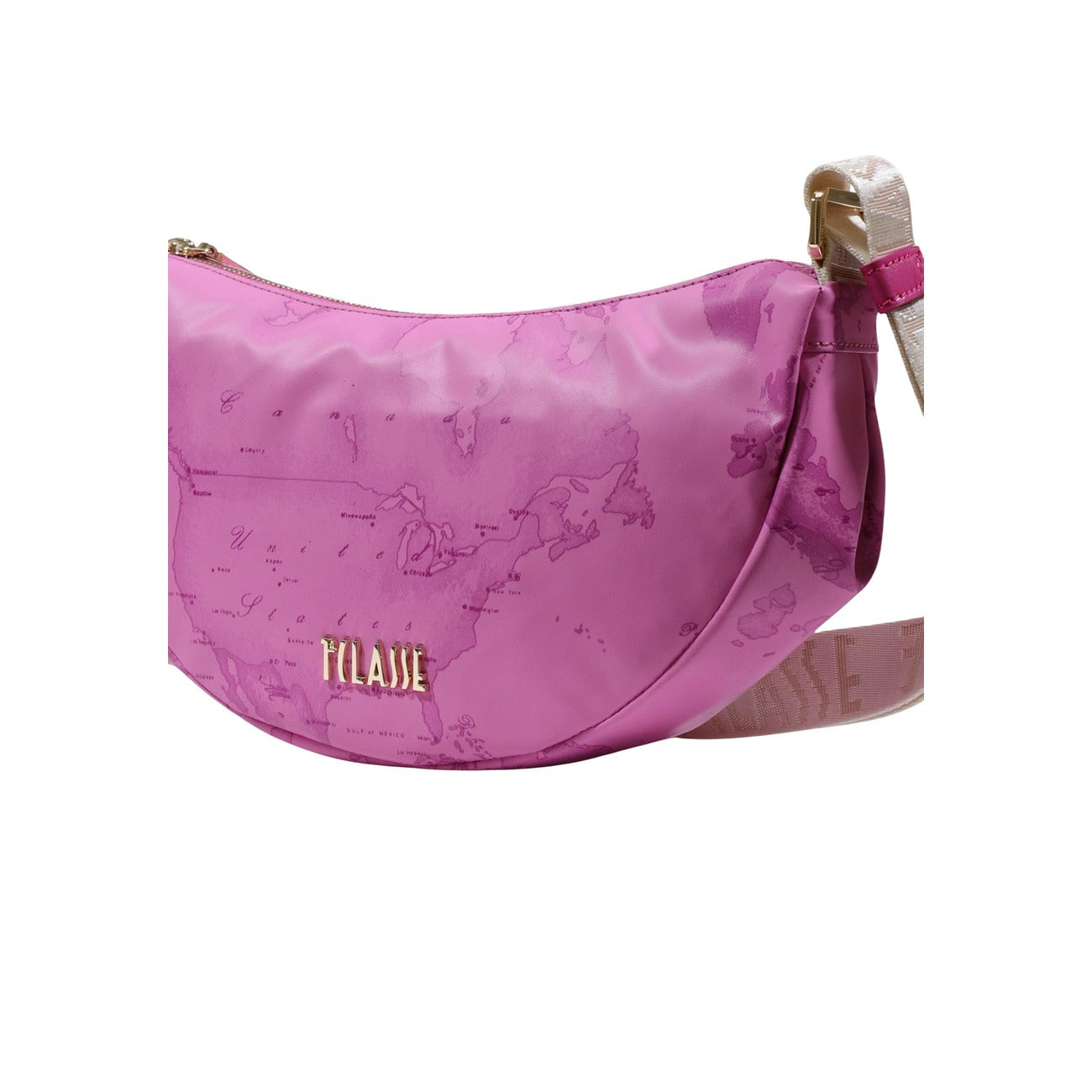 Borsa Alviero Martini Fucsia; Stampa Geo bicolore fucsia. Tracolla regolabile logata, chiusura con cerniera. Dimensioni compatte 17x6x6 cm. Accessorio versatile 4 stagioni dal carattere sofisticato e glamour. Vista frontale Dettaglio logo 