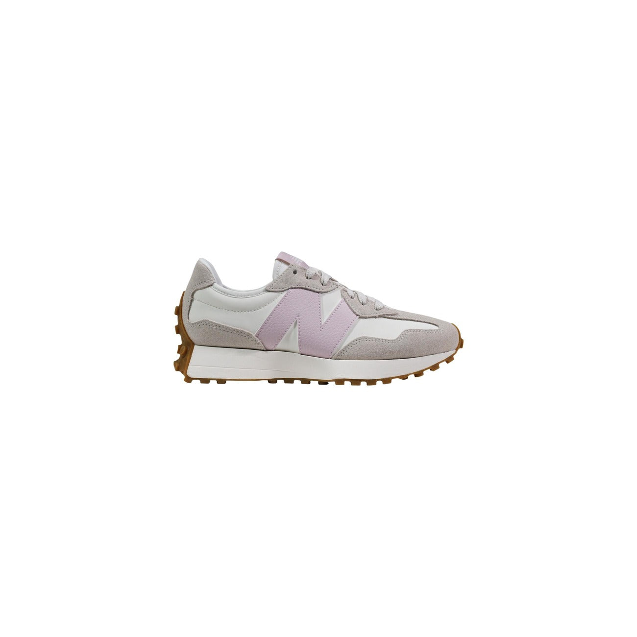 New Balance 327 White/Rose; sneakers iconiche in suede e nylon, suola con tacchetti, chiusura con stringhe. Stile retrò e ammortizzazione moderna. Vista laterale 