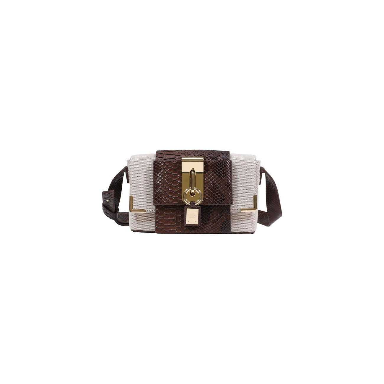 Borsa Replay FW3810; 65% cotone, 35% poliestere. Inserto effetto pitone, chiusura dorata con ciondolo, tracolla regolabile. Mini bag strutturata, elegante e resistente. Vista frontale 