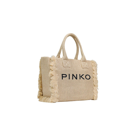 Shopper Pinko Beach Rafia; Texture intrecciata, logo ricamato, dettagli con frange. Borsa grande estiva con manici a spalla. Leggera, capiente e di tendenza.Frontale laterale