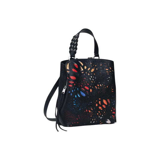 Zaino Desigual donna nero e multicolore modello BACK_NOTUS PRINT SUMY MIN. Mini zainetto in ecopelle nera con motivo geometrico traforato e colorato sul davanti, tasche con zip, spallacci regolabili e manico superiore, borsa zaino casual stile urban ed etnico.