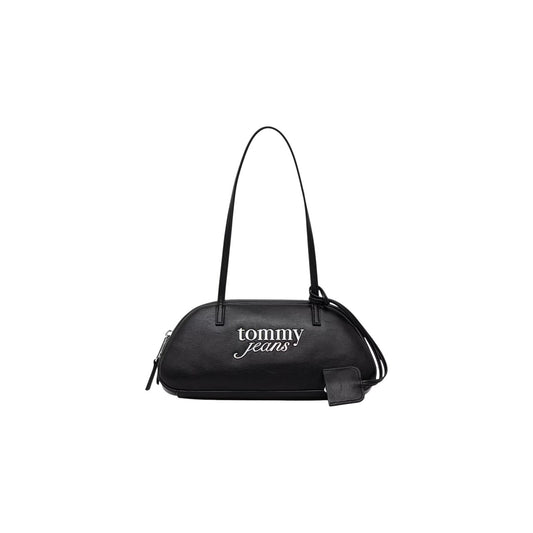 Borsa a Spalla Donna Tommy Hilfiger TJW Bold; Nero. 100% Poliuretano effetto pelle, chiusura zippata in metallo, doppio manico, logo ricamato e portachiavi. Silhouette compatta ed allungata (28x13 cm), stile urban 4 stagioni. Vista frontale 