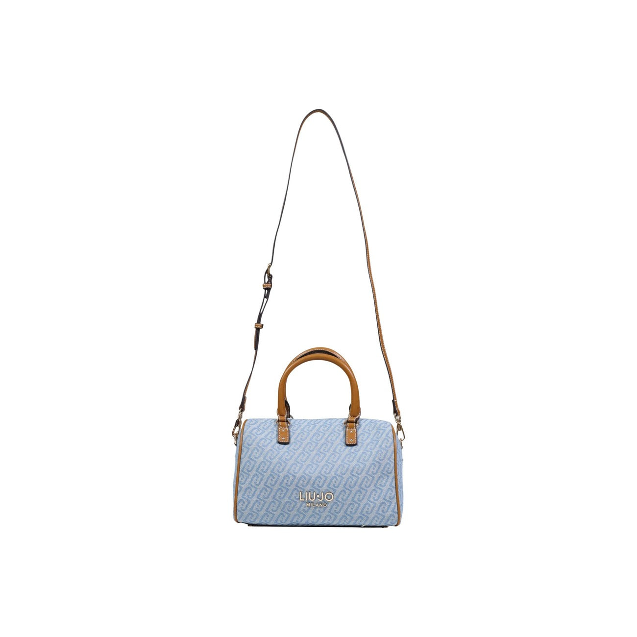 Borsa Satchel Liu Jo S; 80% Cotone, 20% Poliestere. Motivo monogramma all-over, manici rigidi, tracolla removibile e zip. Borsa donna media, chic e funzionale. Vista frontale con tracolla colore denim 