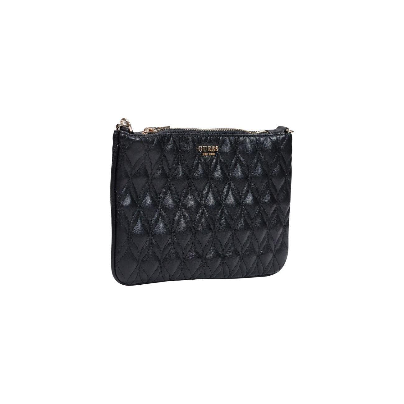 Pochette Guess nera trapuntata Maxine Quilted Flat PW7577 P6322. Borsa a mano e a spalla da donna nera matelassé in ecopelle con tracolla in metallo intrecciato, logo Guess e chiusura zip, borsa da sera elegante 4 stagioni.