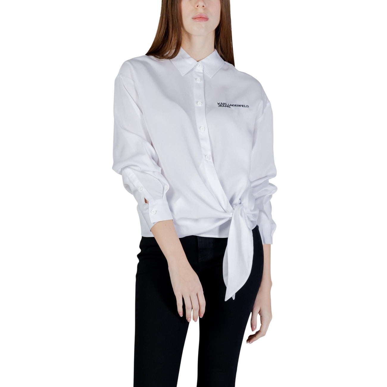 Camicia bianca donna Karl Lagerfeld Jeans modello TIED in lyocell con maniche lunghe e colletto classico
