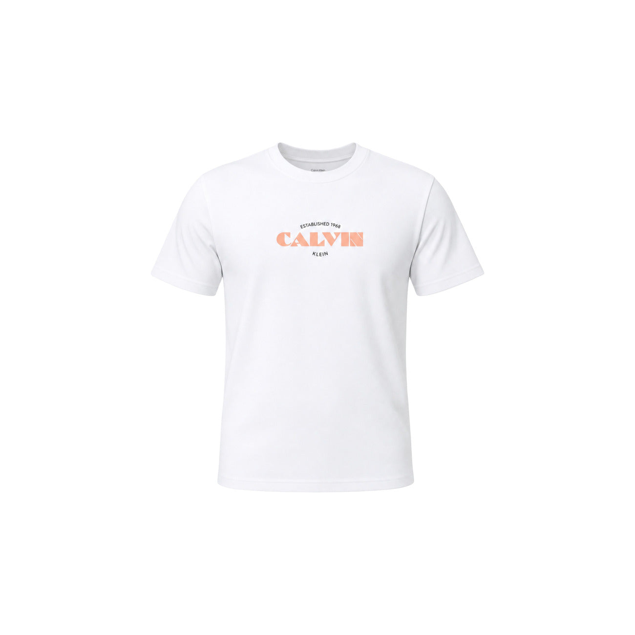 T-shirt Donna Bianca Calvin Klein Jeans; 100% Cotone. Taglio regular fit, maniche corte e scollo tondo. Stampa frontale nera logo 'Established 1968', tessuto leggero stile casual-chic. Vista frontale stesa 