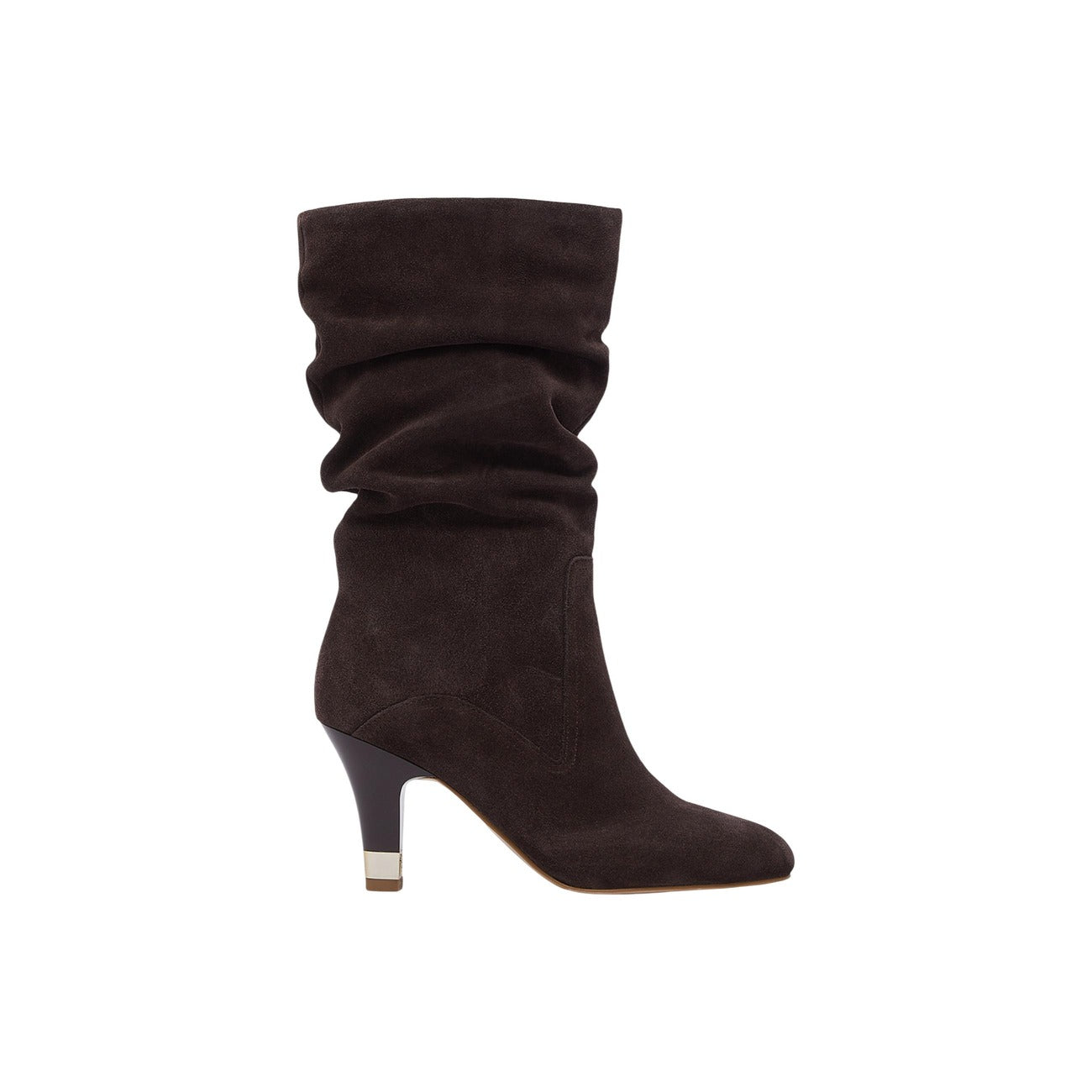 Stivali Liu Jo Blake 04 marroni donna SF6083PX002. Stivaletti da donna in pelle marrone con gambale arricciato slouchy, tacco a cono medio 7 cm e inserto metallico, scarpe invernali ed eleganti in vera pelle.