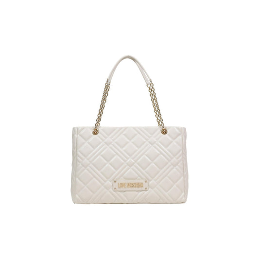Borsa Love Moschino donna bianca shopper modello JC4145PP1L. Shopping bag grande trapuntata matelassé bianco ottico con doppi manici a catena dorati, placca logo frontale oro e chiusura con zip, capiente borsa a spalla elegante e casual.