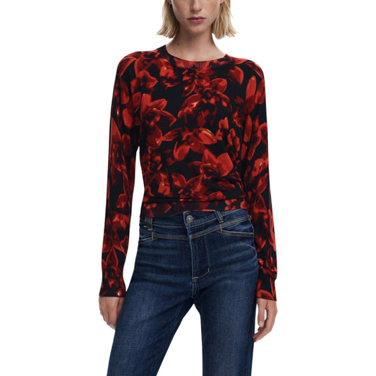 Desigual Maglia Donna Nera Floreale in 80% Viscosa 20% Poliammide a Manica Lunga con Scollo Tondo 25WWJF16