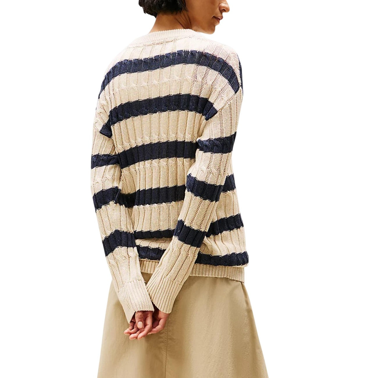 Tommy Hilfiger Maglia Donna Beige Righe Cerniera Maniche Lunghe Scollo Tondo Lino 90% Poliammide 10% Autunno Inverno WW0WW44481