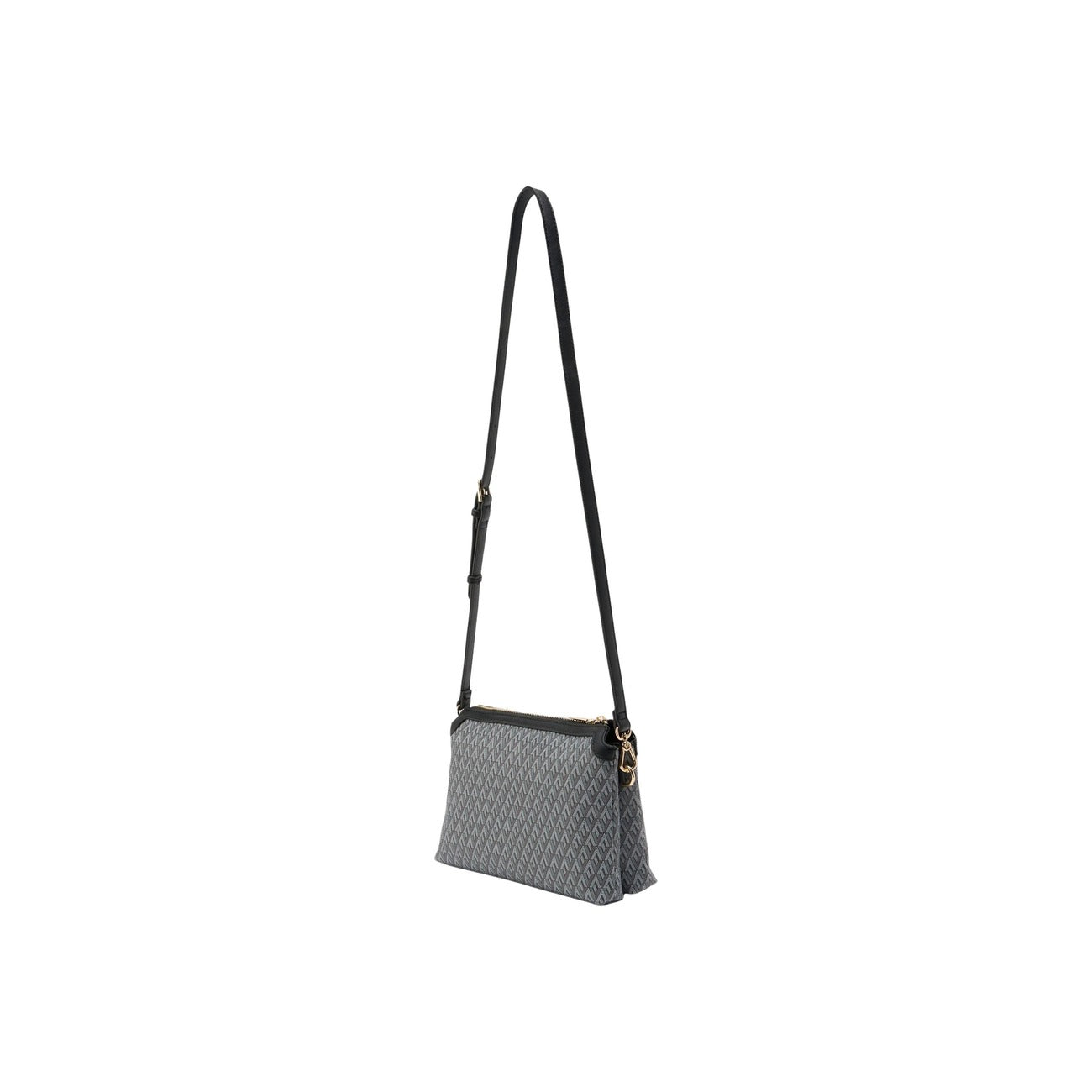 Valentino Bags Queen Re VBS9OX42, borsa nera a tracolla con motivo geometrico e logo a V; interni organizzati, chiusura sicura con zip e design moderno in 100% poliuretano. Vista posteriore con tracolla 