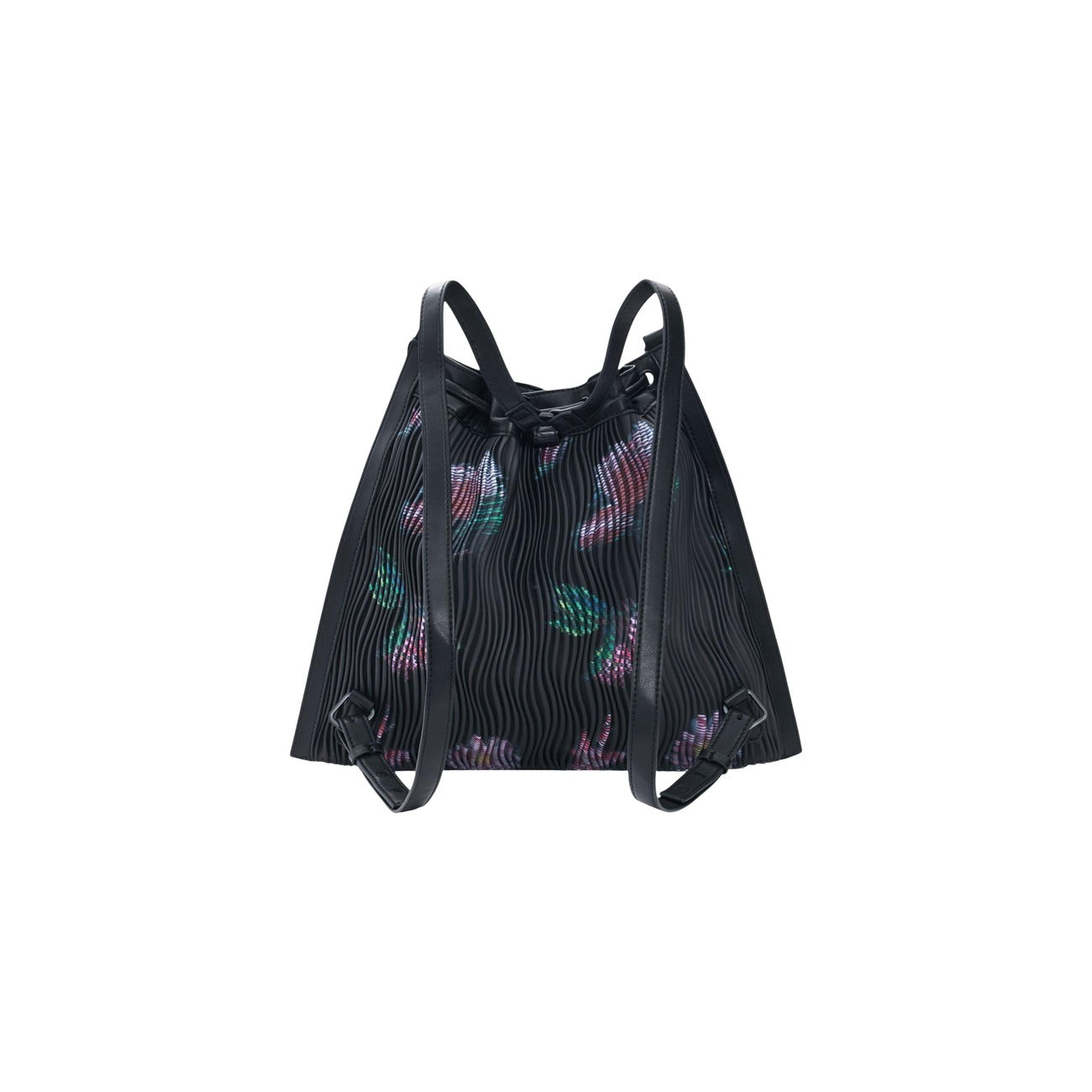 Zaino Desigual SS26; Stampa Fiori Astratti. Tessuto in rilievo, tracolla intrecciata rimovibile, chiusura sicura con zip. Capiente e leggero in 100% poliestere. Misure: 35x17,5x32 cm. Vista posteriore 