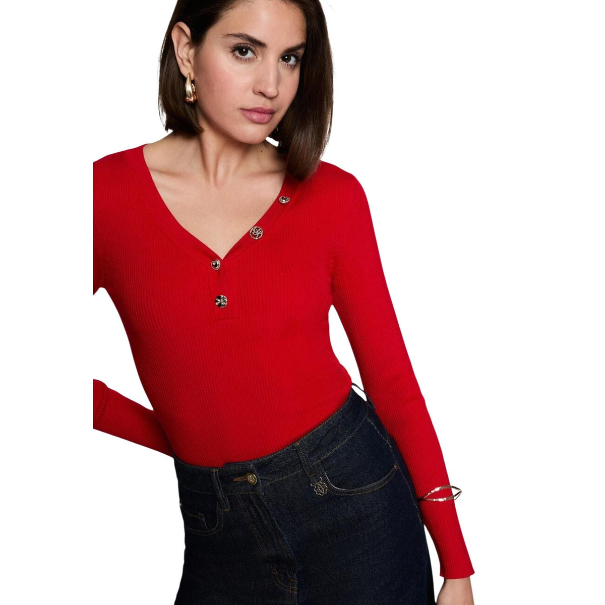 Maglia donna Morgan De Toi rossa – Maglione slim fit a costine con scollo a V 262-MBIZ.