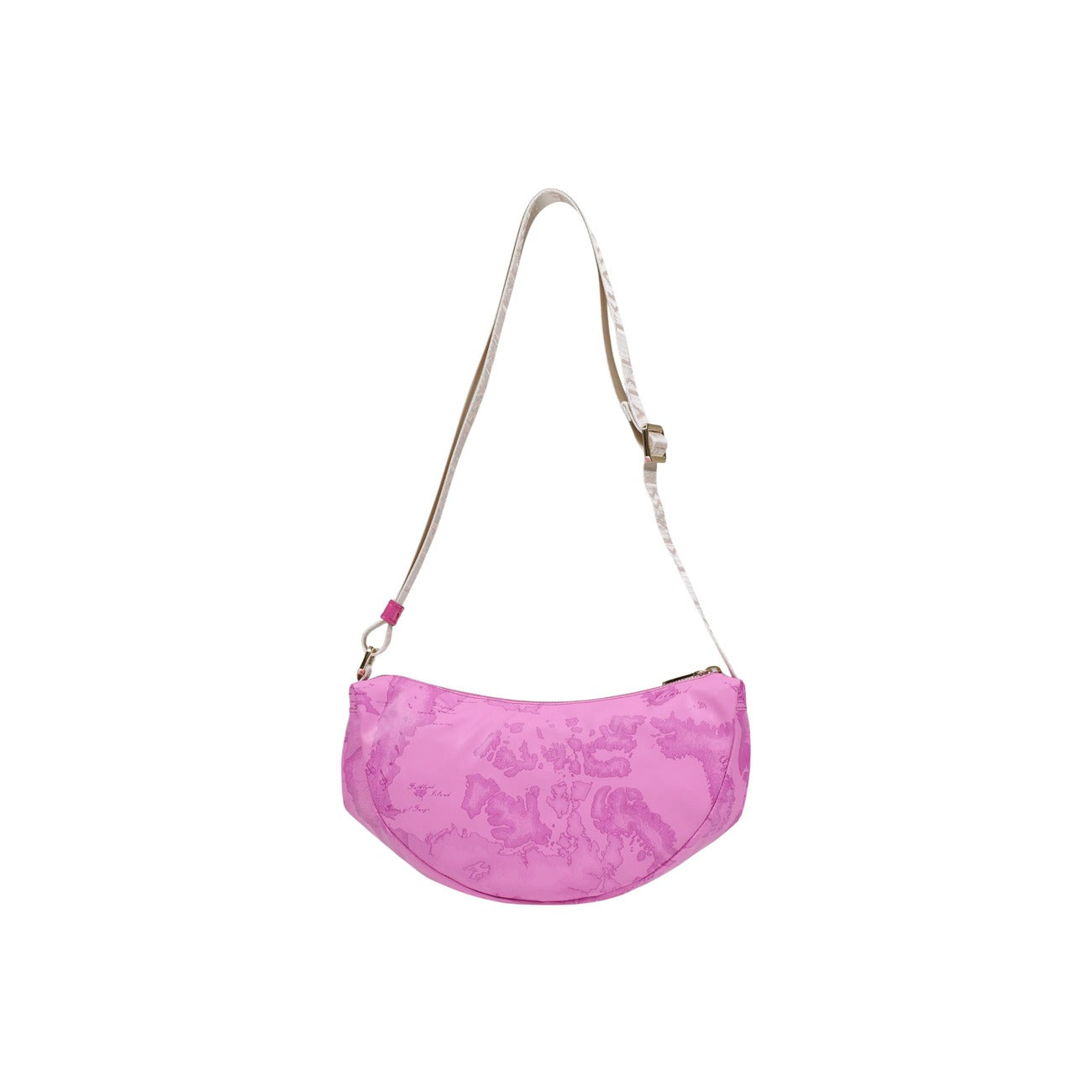 Borsa Alviero Martini Fucsia; Stampa Geo bicolore fucsia. Tracolla regolabile logata, chiusura con cerniera. Dimensioni compatte 17x6x6 cm. Accessorio versatile 4 stagioni dal carattere sofisticato e glamour. Vista posteriore 
