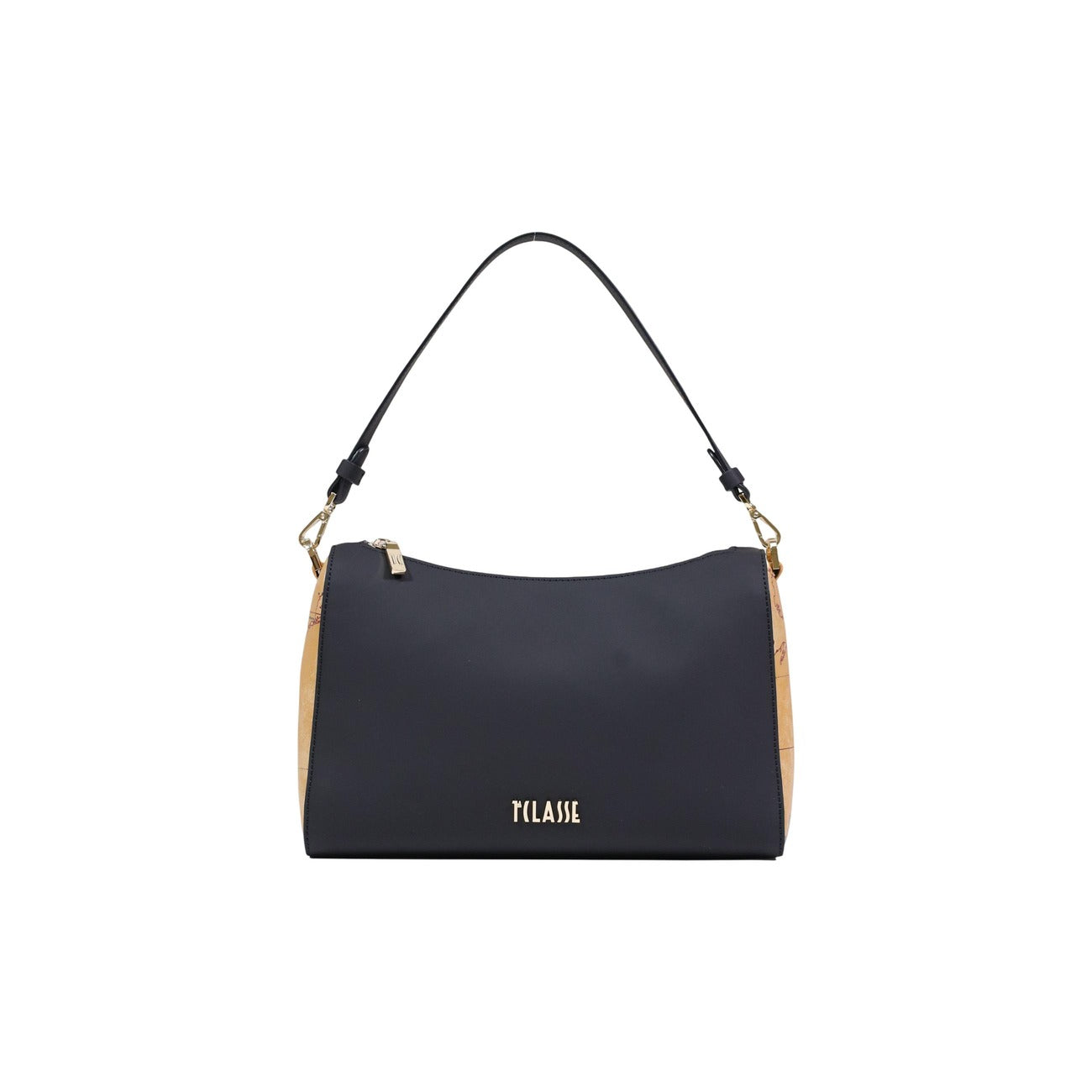 Borsa Media Alviero Martini; Nero/Geo Classic. Chiusura con zip dorata, tracolla regolabile con moschettone, interni organizzati. Dimensioni 19x10x10 cm. Stile casual-raffinato per ogni stagione. Vista frontale 