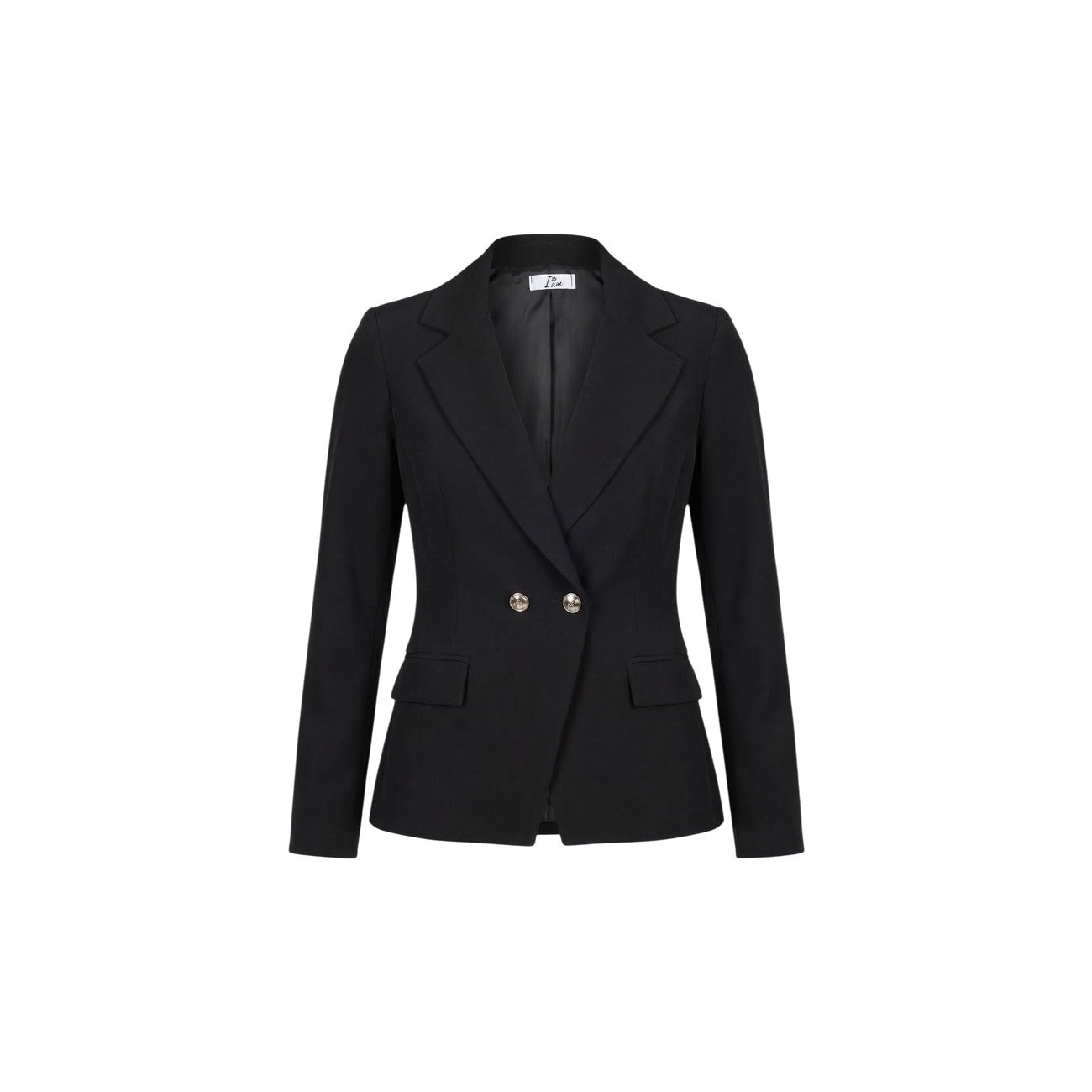 Blazer Doppiopetto I AM; 88% Poliestere, 12% Elastan. Nero, Slim Fit, bottoni gioiello, revers a lancia. Giacca donna elegante, leggera e stretch, Made in Italy. Vista frontale stesa 
