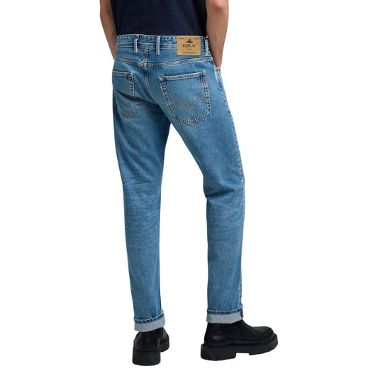 Jeans Replay uomo blu denim con zip e bottone tasche - vista posteriore indossati da modello