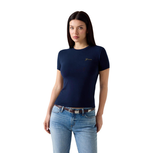 T-shirt Guess donna modello W6YI12 K3751. Maglietta a maniche corte slim fit in tessuto traspirante di modal elasticizzato con scollo tondo e piccolo logo ricamato sul davanti, maglia estiva casual chic e leggera per la primavera estate.