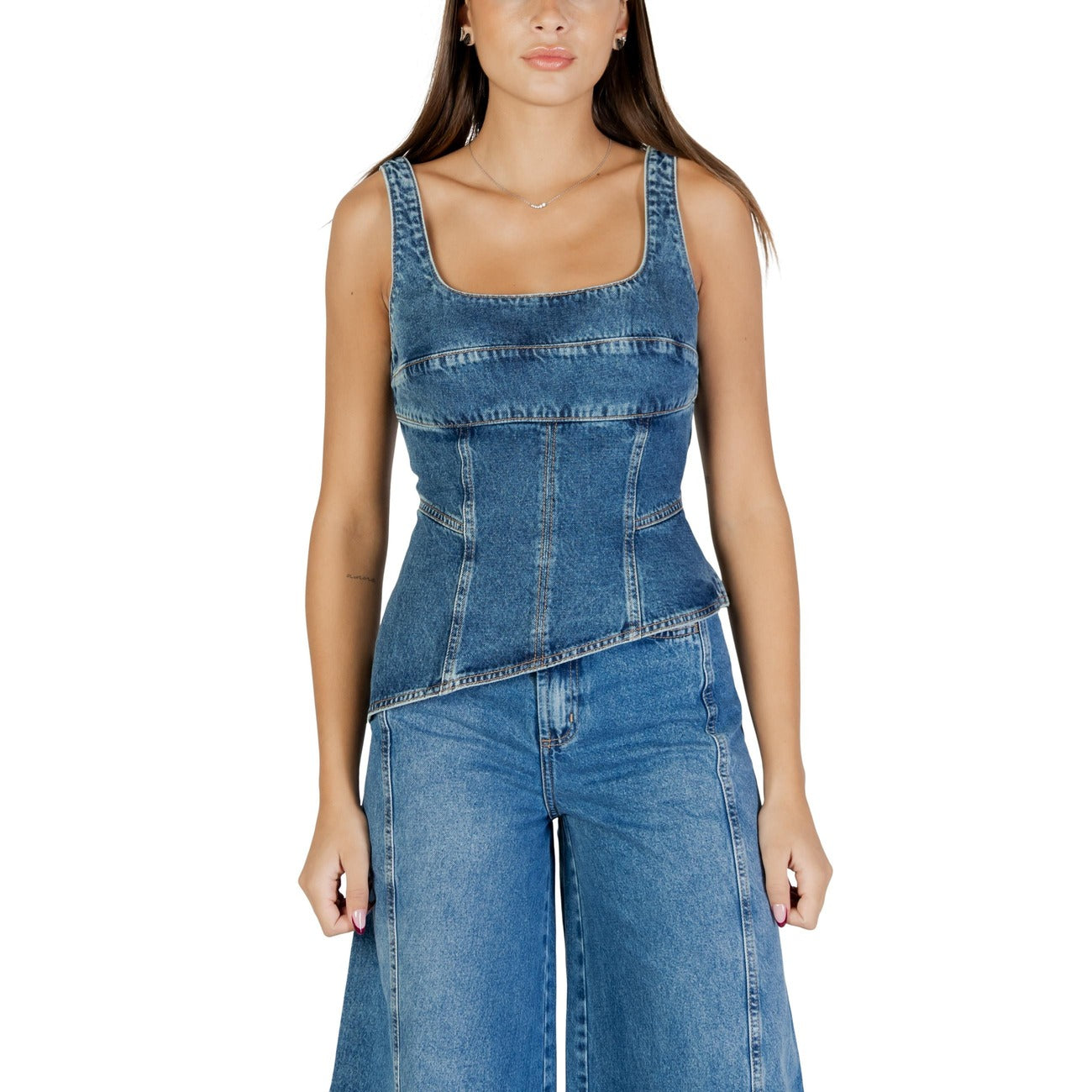 Colcci Top Donna Azzurro Spalline Scollo Quadrato Cerniera Laterale - Top Cotone