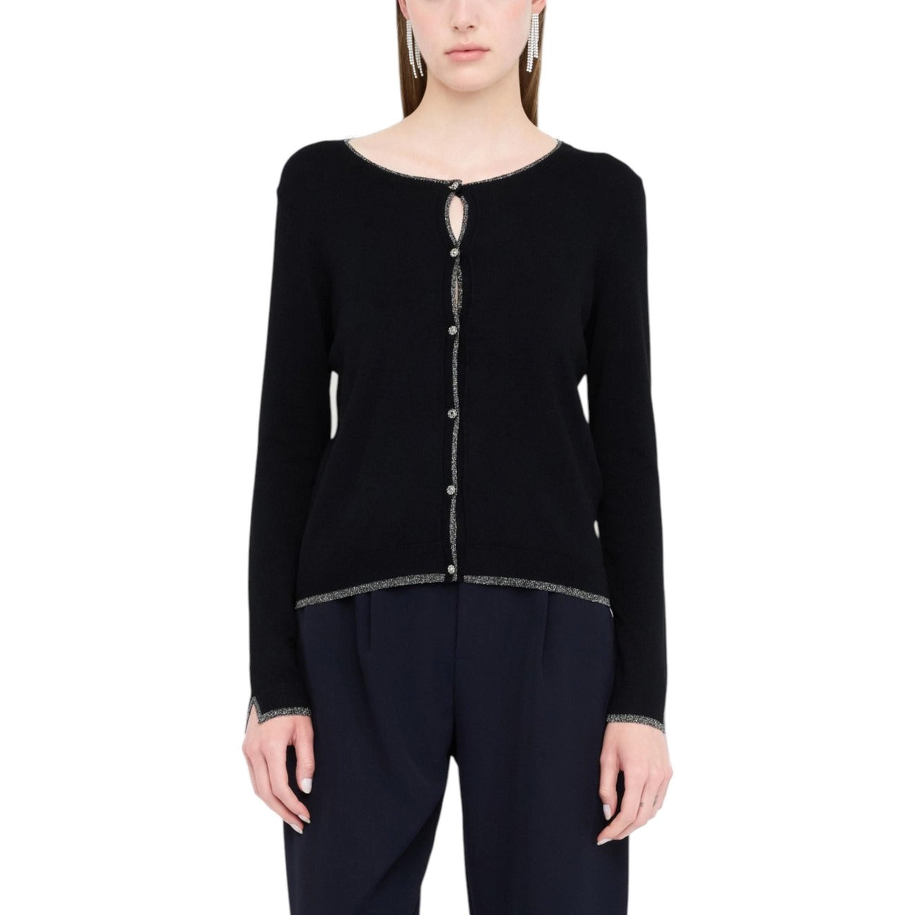Liu Jo Maglia Donna Nera in 80% Viscosa 20% Poliammide con Bottoni a Manica Lunga con Scollo Tondo MF5225 MS49I