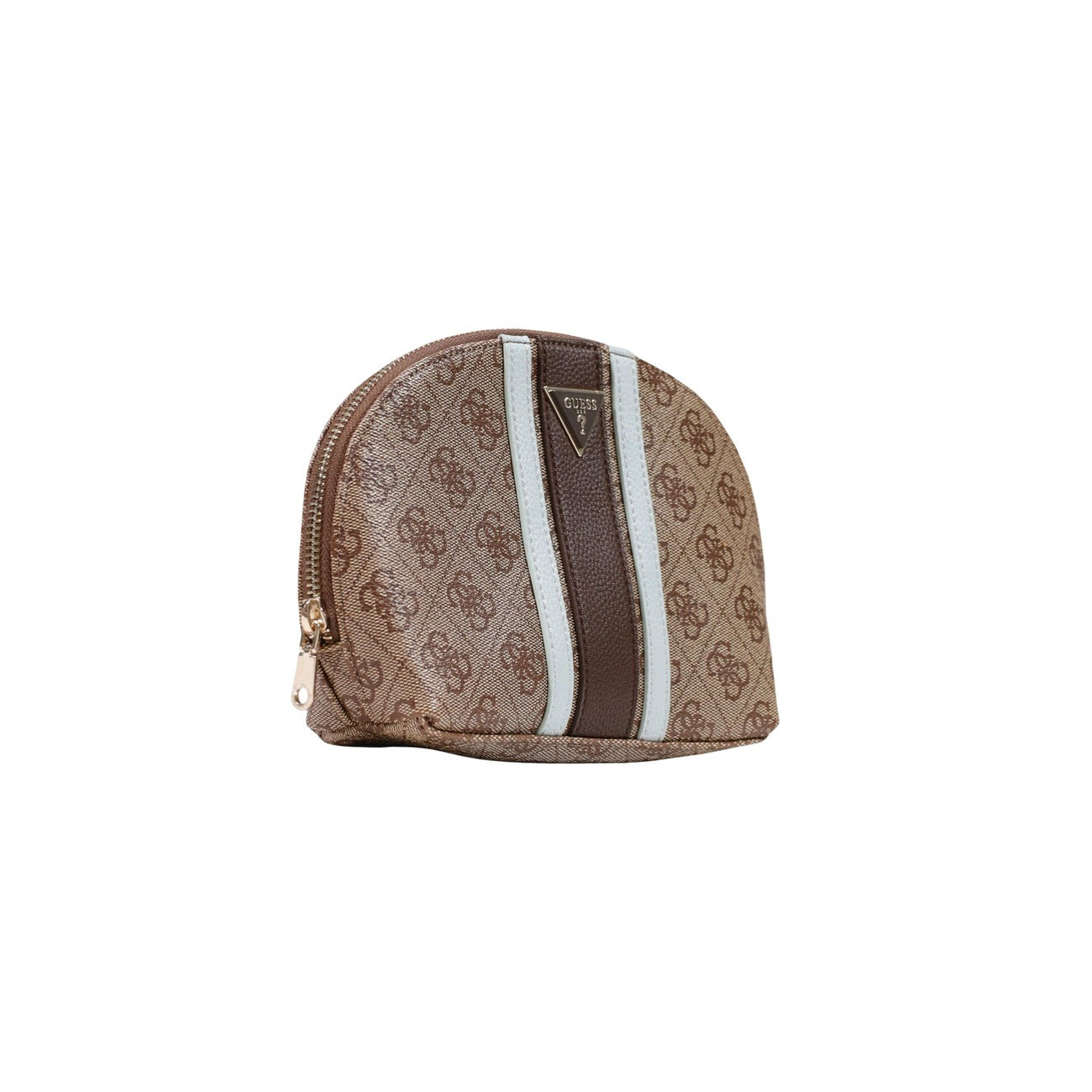 Pochette Beauty Cupola Marrone Grigia Donna Guess Noelle II Dome; Misure 23x15x8 cm. Tessuto 100% poliuretano con logo 4G a rilievo, banda liscia centrale e chiusura a cerniera lampo. Logo triangolare in metallo, stile casual-chic 4 stagioni. Frontale laterale 